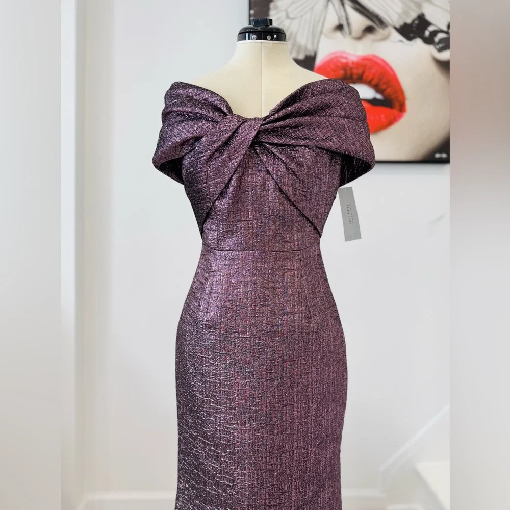 Teri Jon by Rickie Freeman Metallic Jacquard Bodice Off Shoulder Gown Dress - Picture 7 of 16
